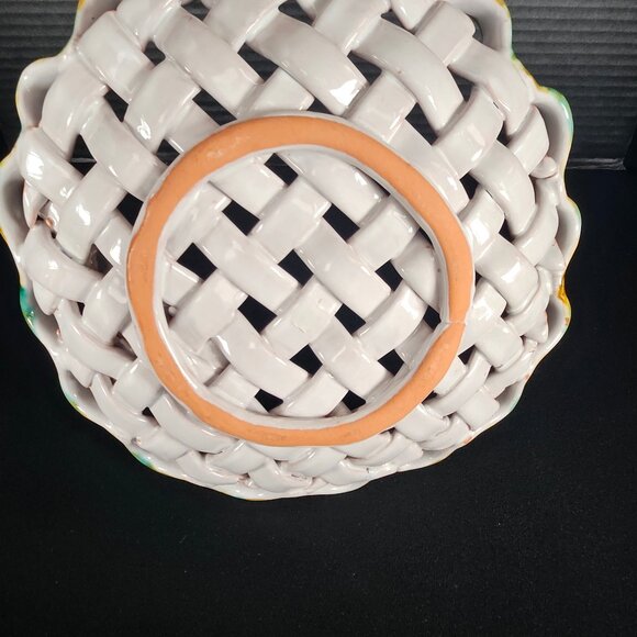 Vintage Italy Majolica Handcrafted Open Weave Ceramic Shallow Bowl Purple Floral - Picture 5 of 12